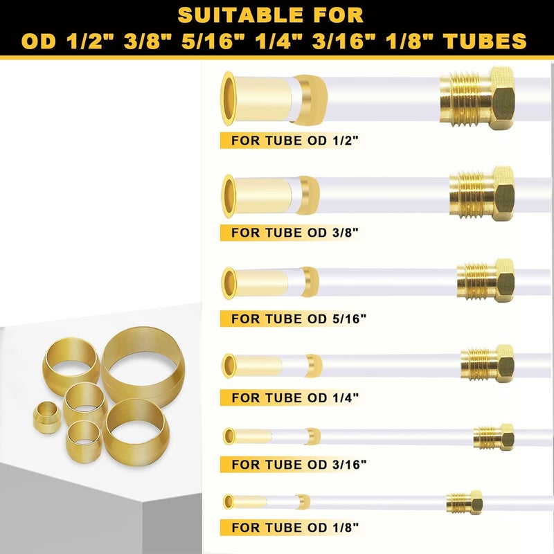 Siptenk 228 قطعة من أكمام الضغط النحاسية للأنابيب OD 1/2" 3/8" 5/16" 1/4" 3/16" 1/8"، مجموعة أكمام الضغط النحاسية لخطوط الفرامل الهوائية DOT بأحجام 6 - Image 4